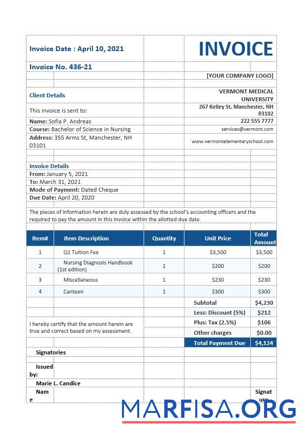 Printable Nursing School Invoice Template